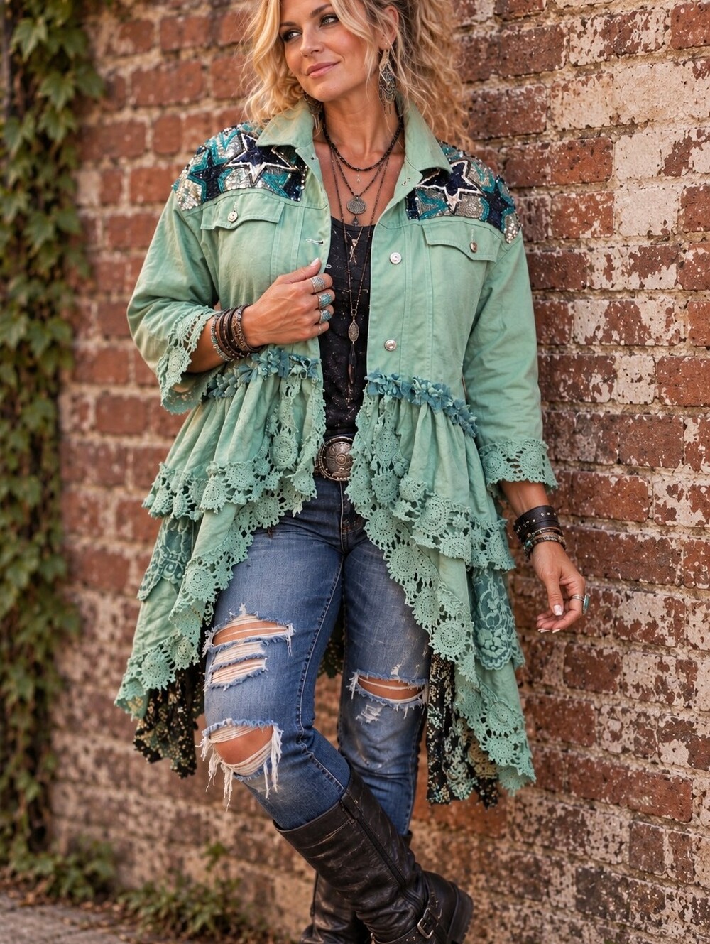 Boho Lace-Trim Aqua Green Jacket with Sequin Yoke